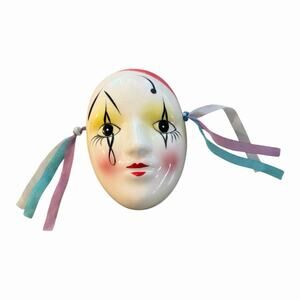Vintage Porcelain Hand Painted Deco Masquerade Clown Mime Mask Mardi Gras Pink